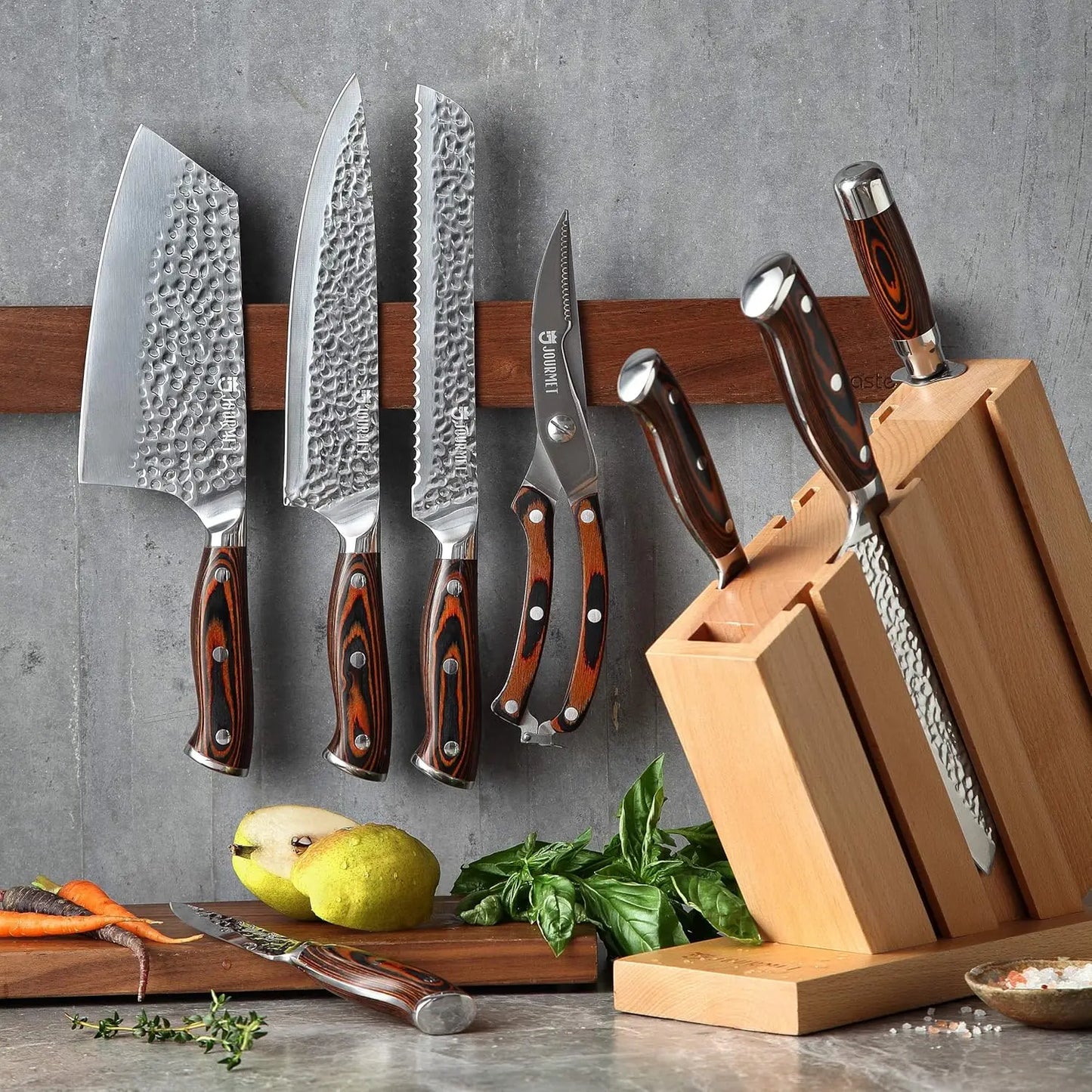 Knife Set with block, 9PC High Carbon Stainless Steel Knife Set with Pakka Wood Handle and Beech Wood Block