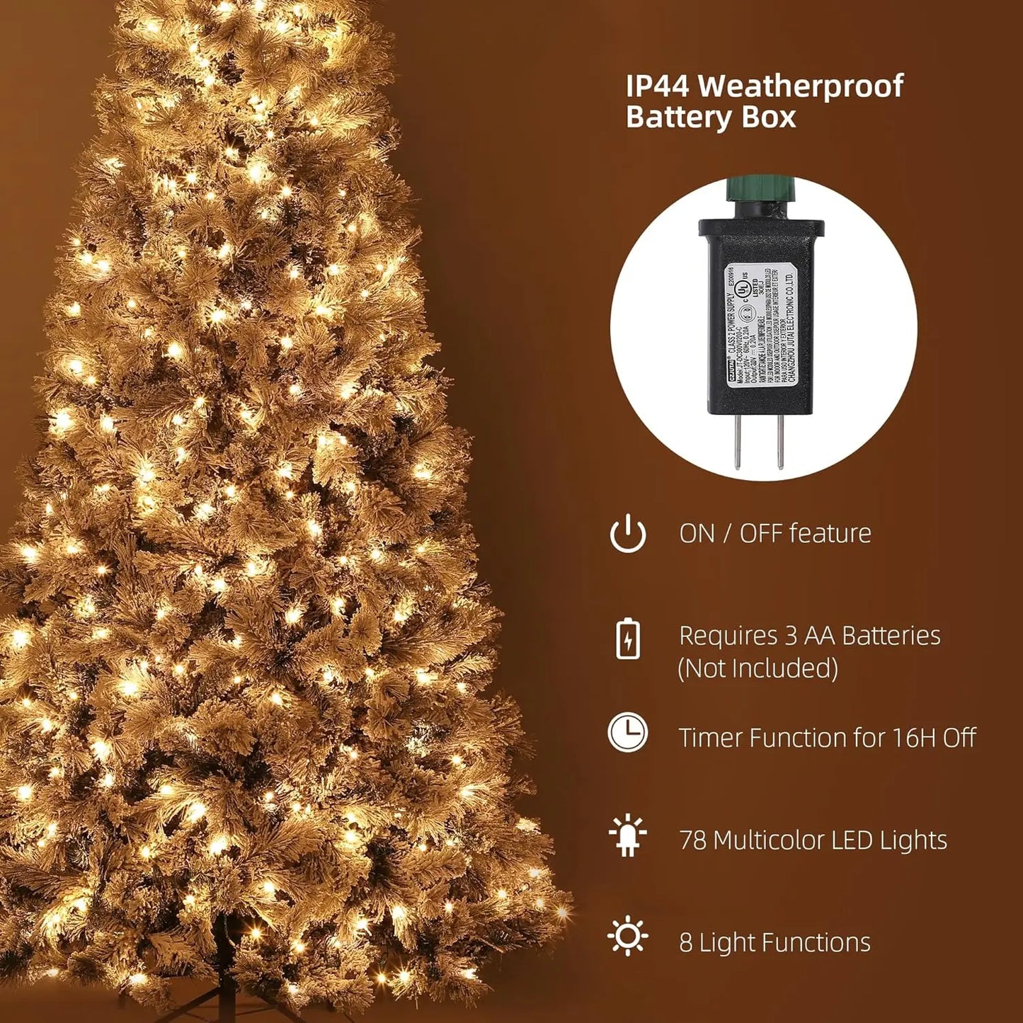 7.5 FT Prelit Snow Flocked Artificial Christmas Tree with 300 Multicolor LED Lights Foldable Metal Base 8 Lighting Mode for Home