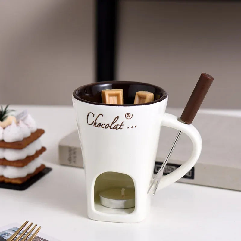 Hot Ceramic Chocolate Chafing Dish Cup with Fork  Chocolate Mug Tableware Creative