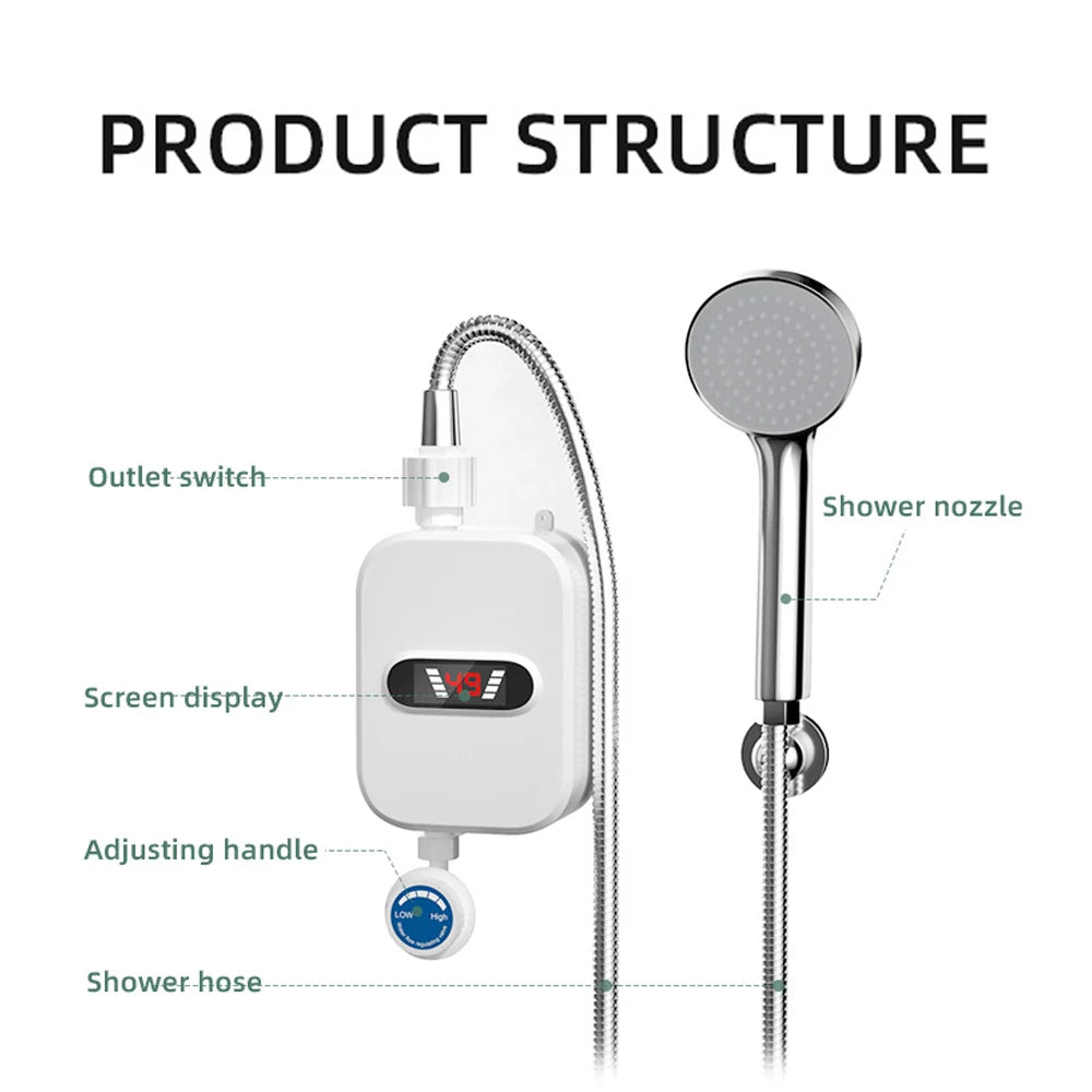 Bathroom Instant Water Heaters LCD Digital Display Thermostatic Shower Water Heating Device Waterproof 304 Stainless Steel Tank