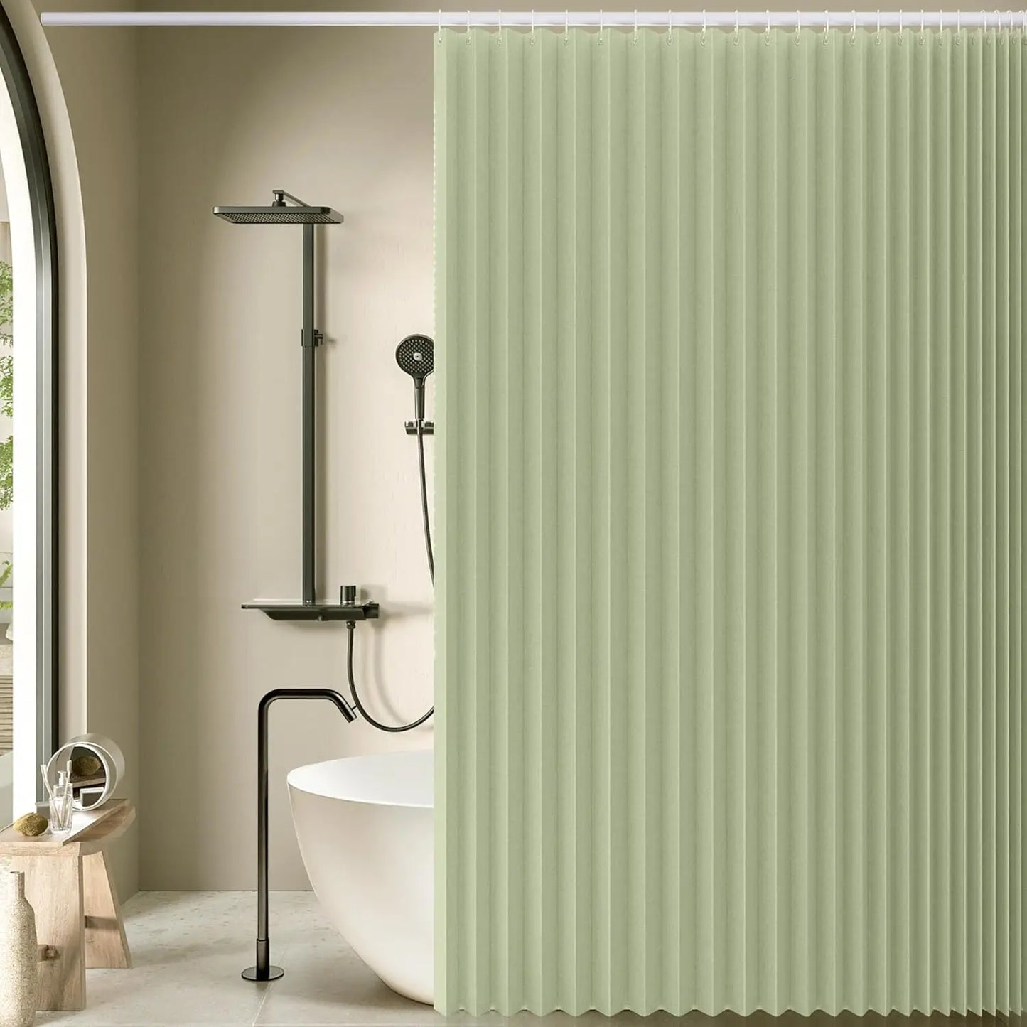 Magnetic Folding Shower Curtain，Waterproof & Space-Saving Design with Hooks, Thick Fabric in 6 Colors