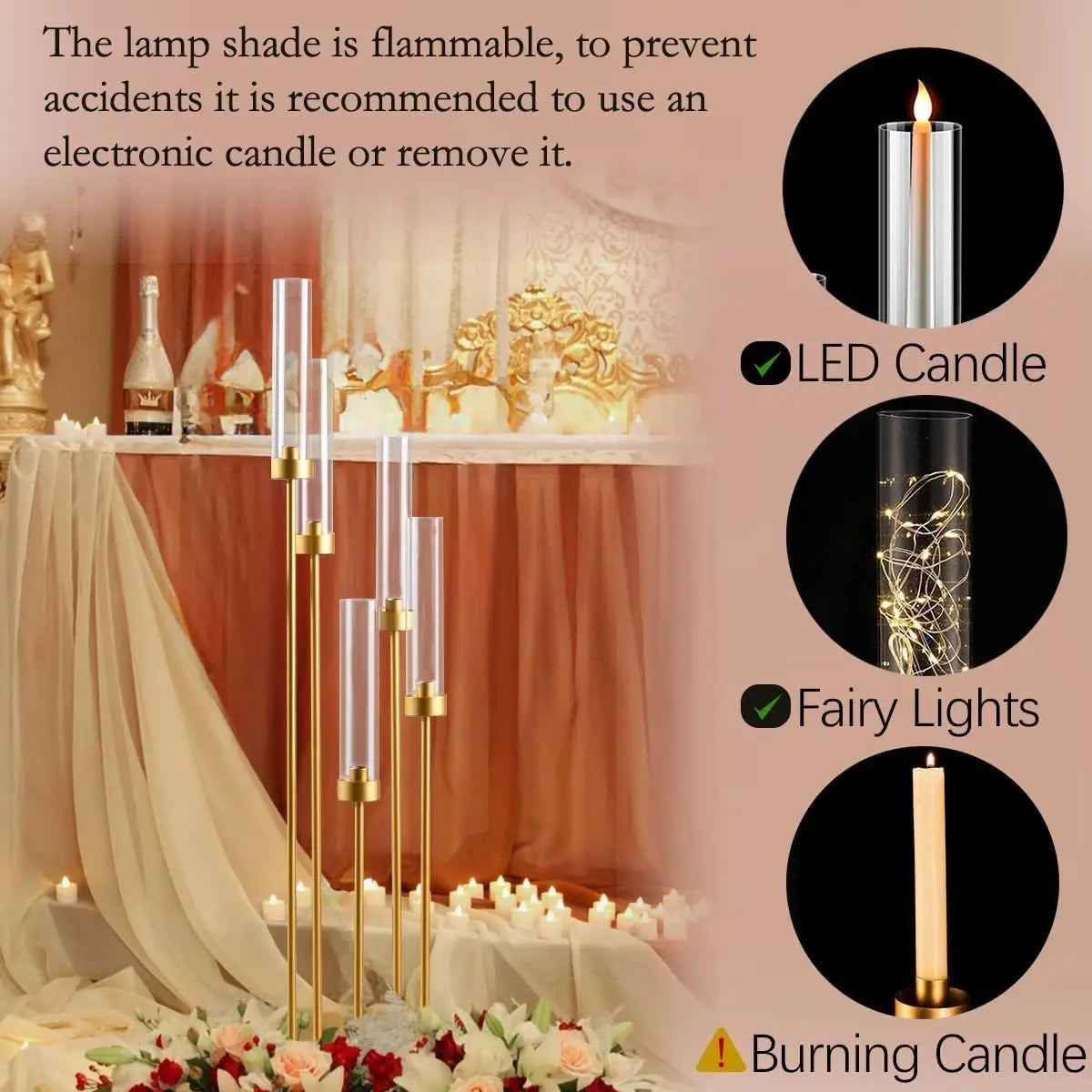 6PCS 5 Arm Candle Holder for Wedding 39.4'' Tall Gold Floor Candelabra with Acrylic Lampshade for Birthday Party Home Decoration