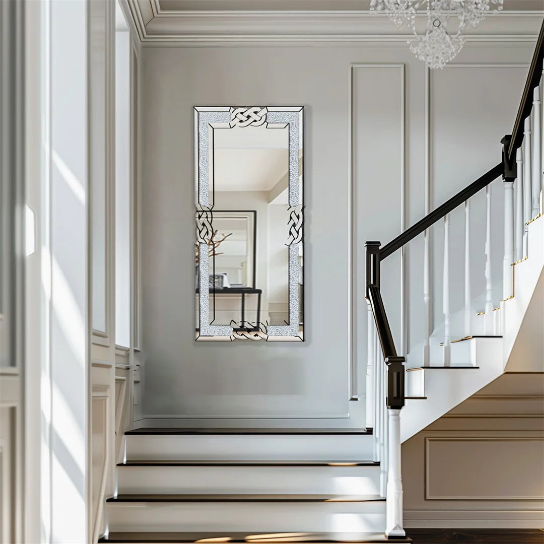 LUVODI Large Crush Diamond Full Body Wall Mirror Artistic Silver Bathroom Vanity Mirror