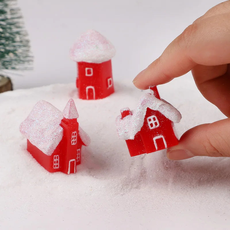 4Pcs Winter Village Snowy House Christmas Resin Miniature Red House Christmas Home Decoration Ornament New Year Party Cake Decor