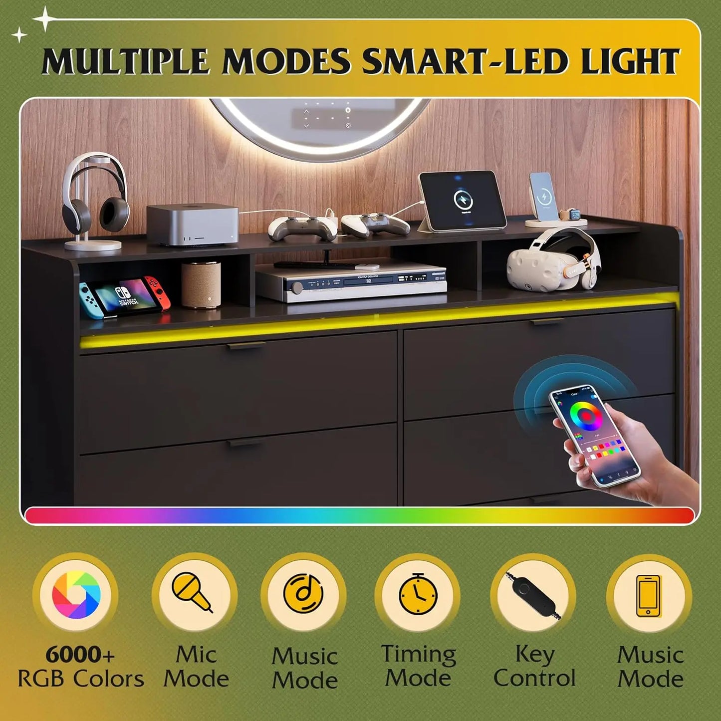 9 Drawer Led Dresser for Bedroom, 58.35'' Black Wood Dresser Storage Organizer with Power Outlets for 65'' TV, Dressers