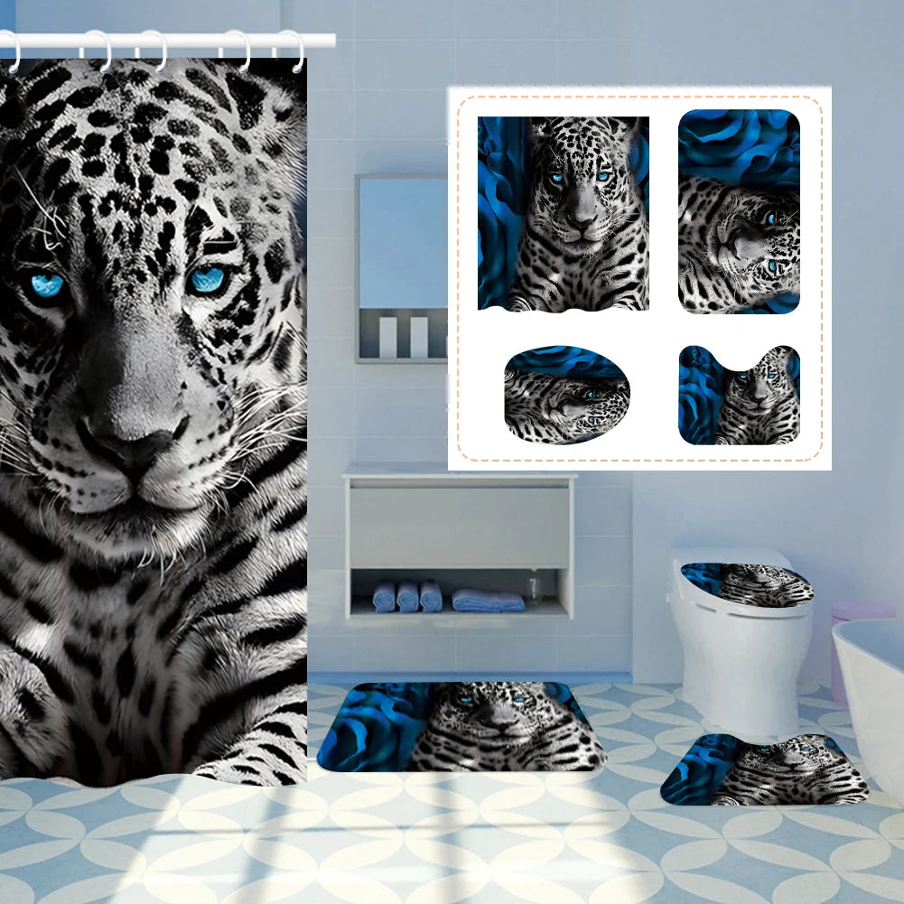 4PCS Flower Shower Curtain Set with Non-Slip Rugs Toilet Lid Cover and Bath Mat Black Shower Curtain Waterproof Bathroom Decor