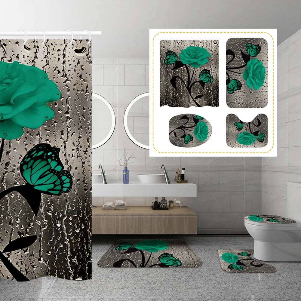 4pcs Set Doormat Shower Curtain with Non-Slip Rugs Toilet Seat Cover Bath Carpet Durable Waterproof Bathroom
