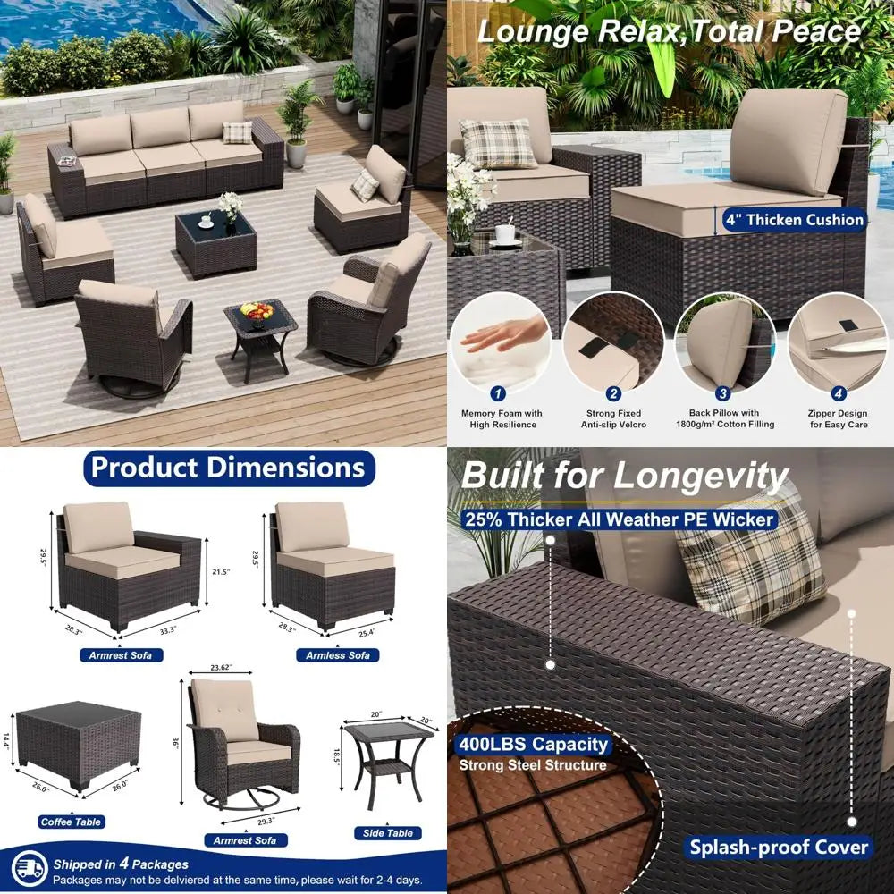 9-Piece Outdoor Patio Furniture Set with 2 Swivel Chairs and Sectional Sofa for Conversations in Brown