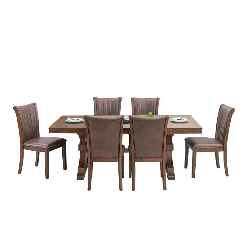 Mid-Century Modern 7-Piece Dining Table Set, Rectangular Oak Table with 6 Faux Leather Upholstered Chairs for Kitchen or Dining