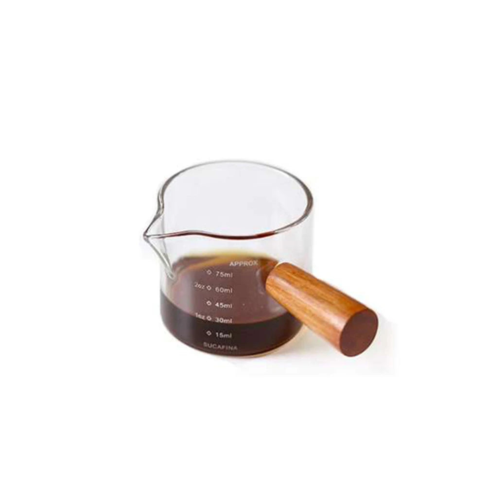 1pc Glass Measuring Cup Wood Handle Glass Espresso Measuring Cup Double