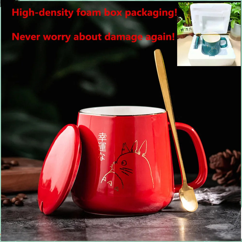 400ml New Product European Style Light Luxury Gold-painted Ceramic Coffee Mug with Lid Spoon