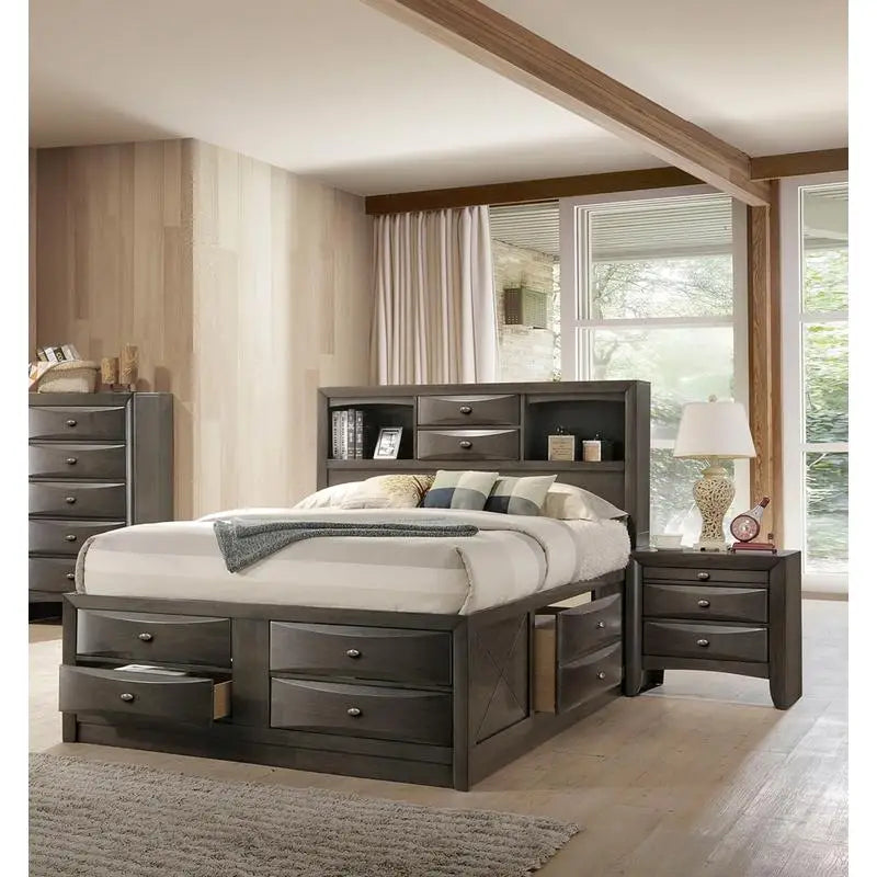 Contemporary Queen Bed with 2 Nightstands and Bookcase Headboard in Gray - 3 Piece Bedroom Furniture Set