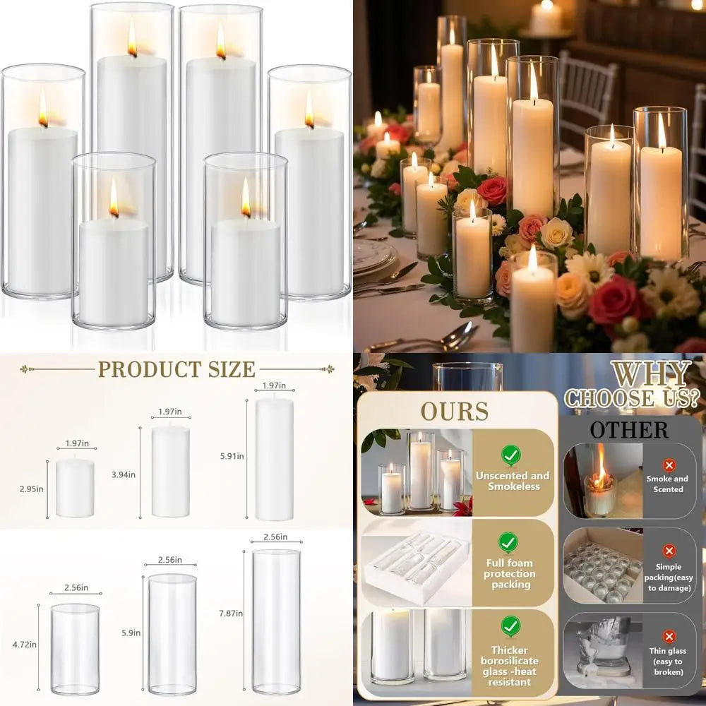 12 PCS White Pillar Candles with Glass Candle Holders Clear Hurricane Candle Holders Glass Cylinder Vases for Centerpieces Weddi