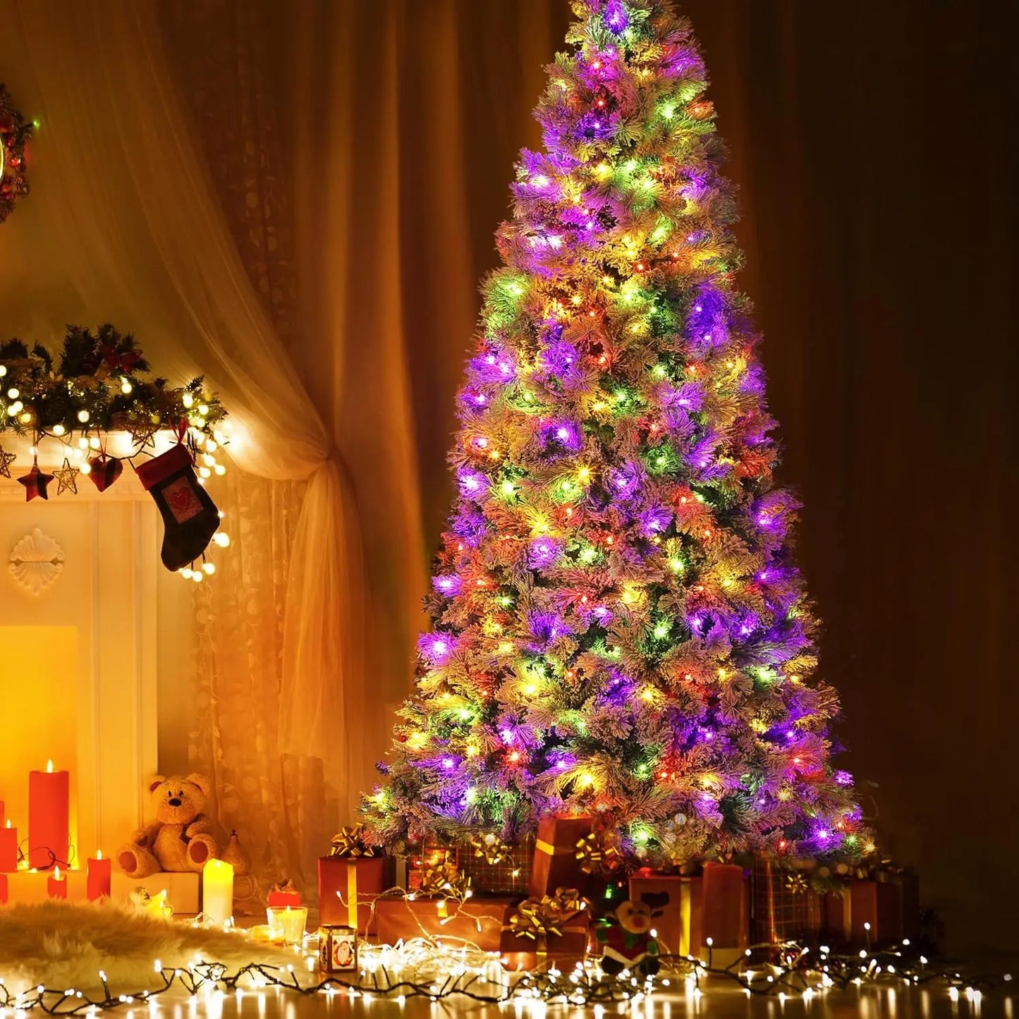 7.5 FT Prelit Snow Flocked Artificial Christmas Tree with 300 Multicolor LED Lights Foldable Metal Base 8 Lighting Mode for Home