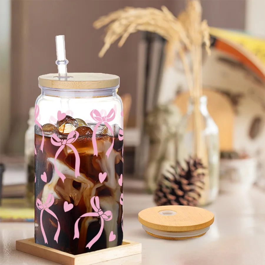 16oz Cute Bow Plastic Cup with Lid Bow Cherry Graffiti Pattern Water Bottle