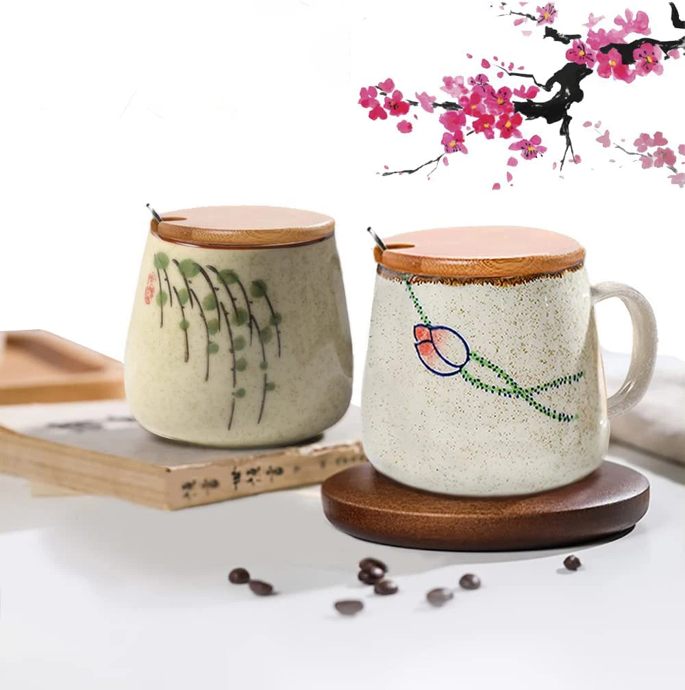 350ml Japanese Retro Ceramic Coffee Mug With Lid And Spoon Milk Breakfast Cups Home
