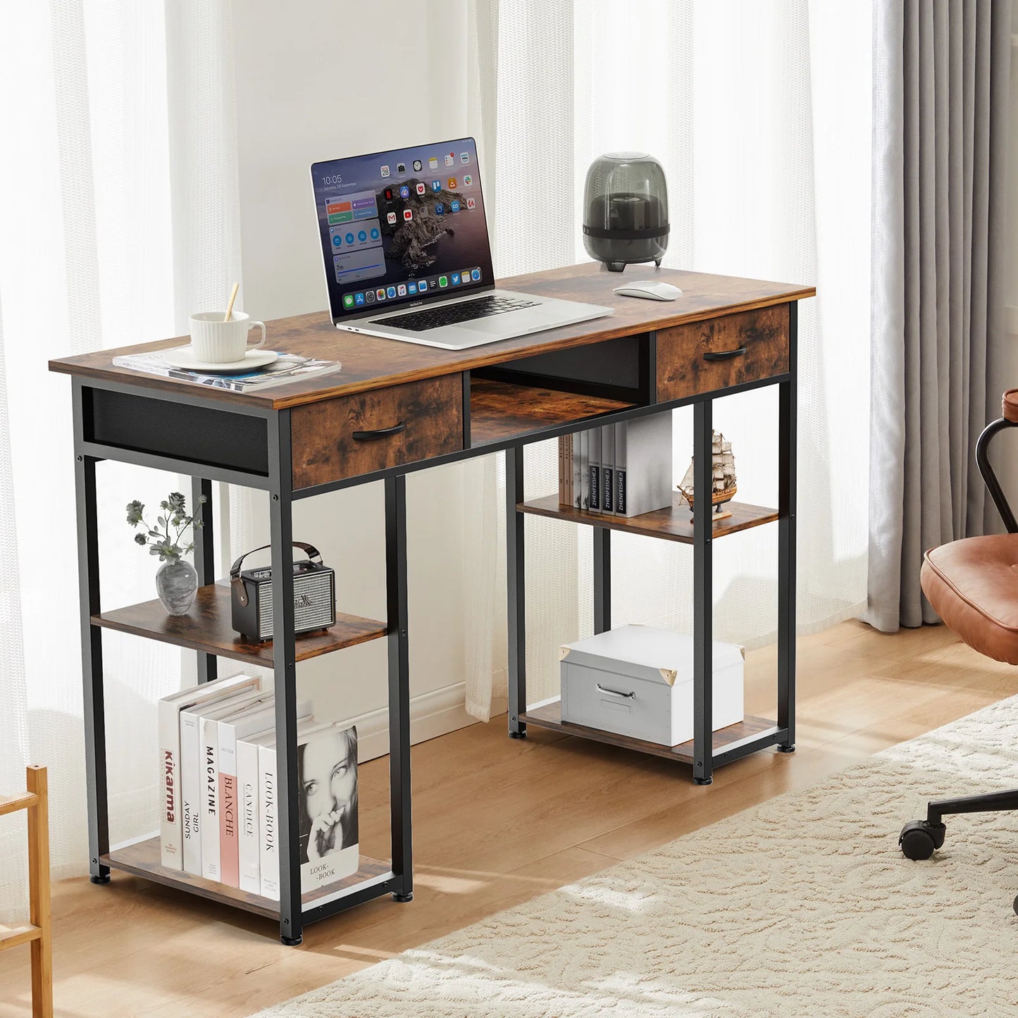 JHK 48 Inch Double Deck Shelving Office Computer Desk with Pull-out Fabric Storage Drawers Metal Frame Adjustable Feet Table ﻿