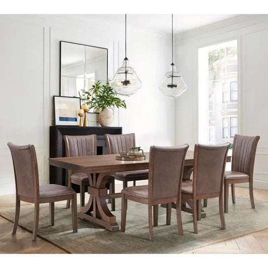 Mid-Century Modern 7-Piece Dining Table Set, Rectangular Oak Table with 6 Faux Leather Upholstered Chairs for Kitchen or Dining