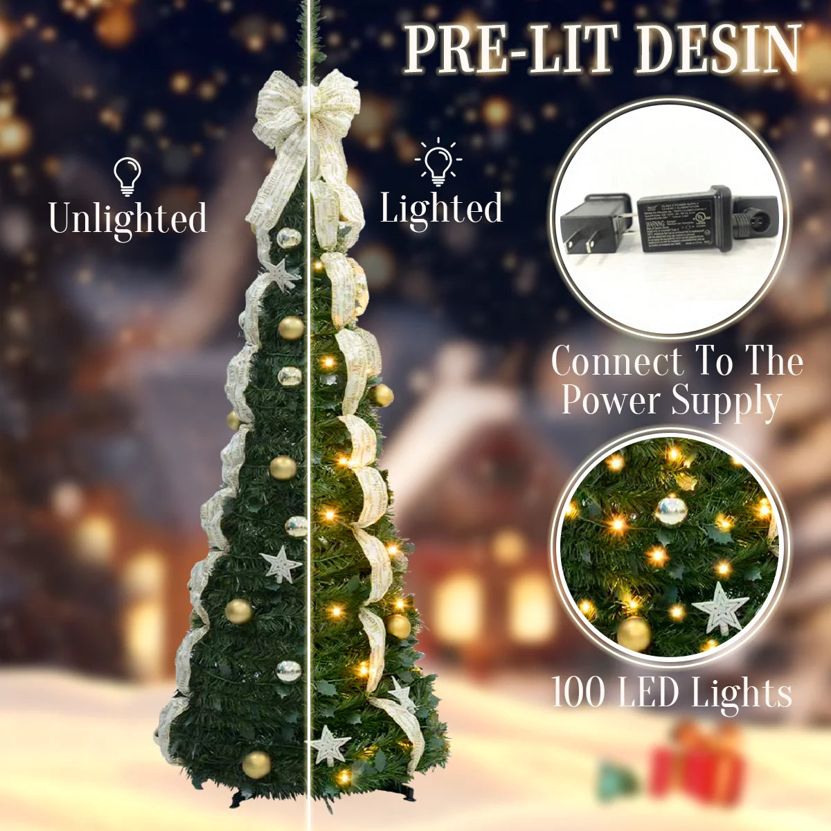2025 Christmas Decoration 180/190cm Pre Lit Pop Up Artificial Christmas Tree 100/200 LED Lights Plug-In Power Party Home Decor