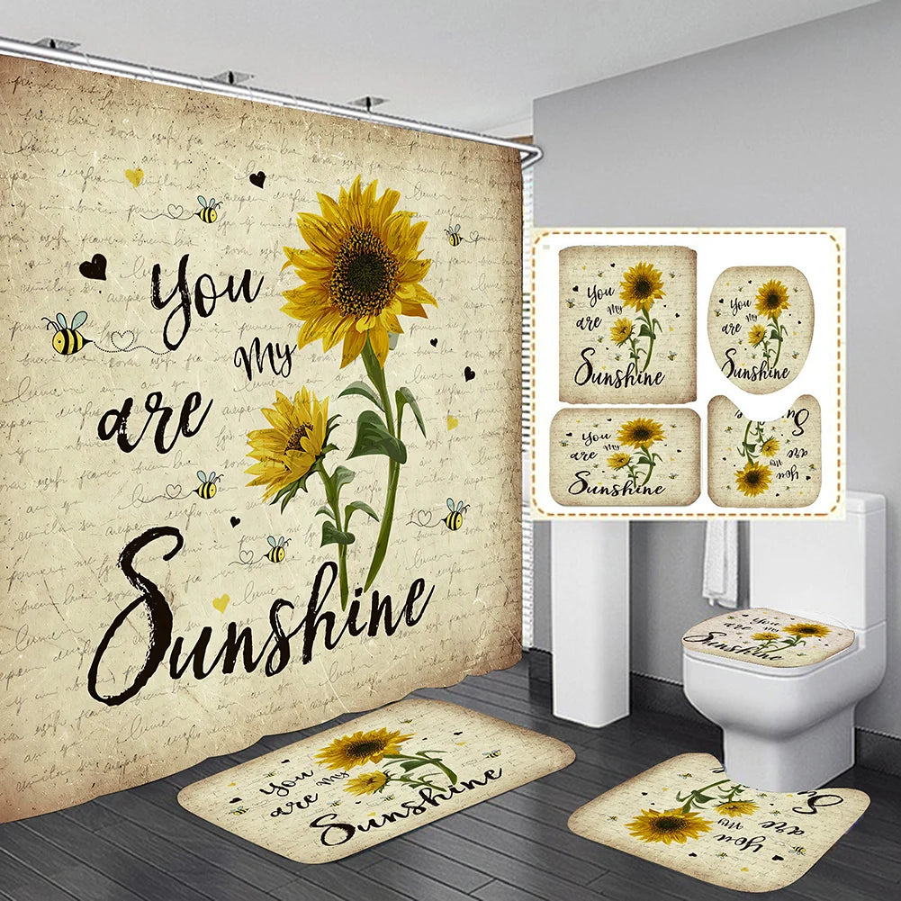 4pcs Set Doormat Shower Curtain with Non-Slip Rugs Toilet Seat Cover Bath Carpet Durable Waterproof Bathroom