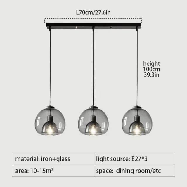 Nordic Glass Pendant Light for Kitchen Island Chandelier Smoke Gray Hanging Lamp for Living Room Dining Room