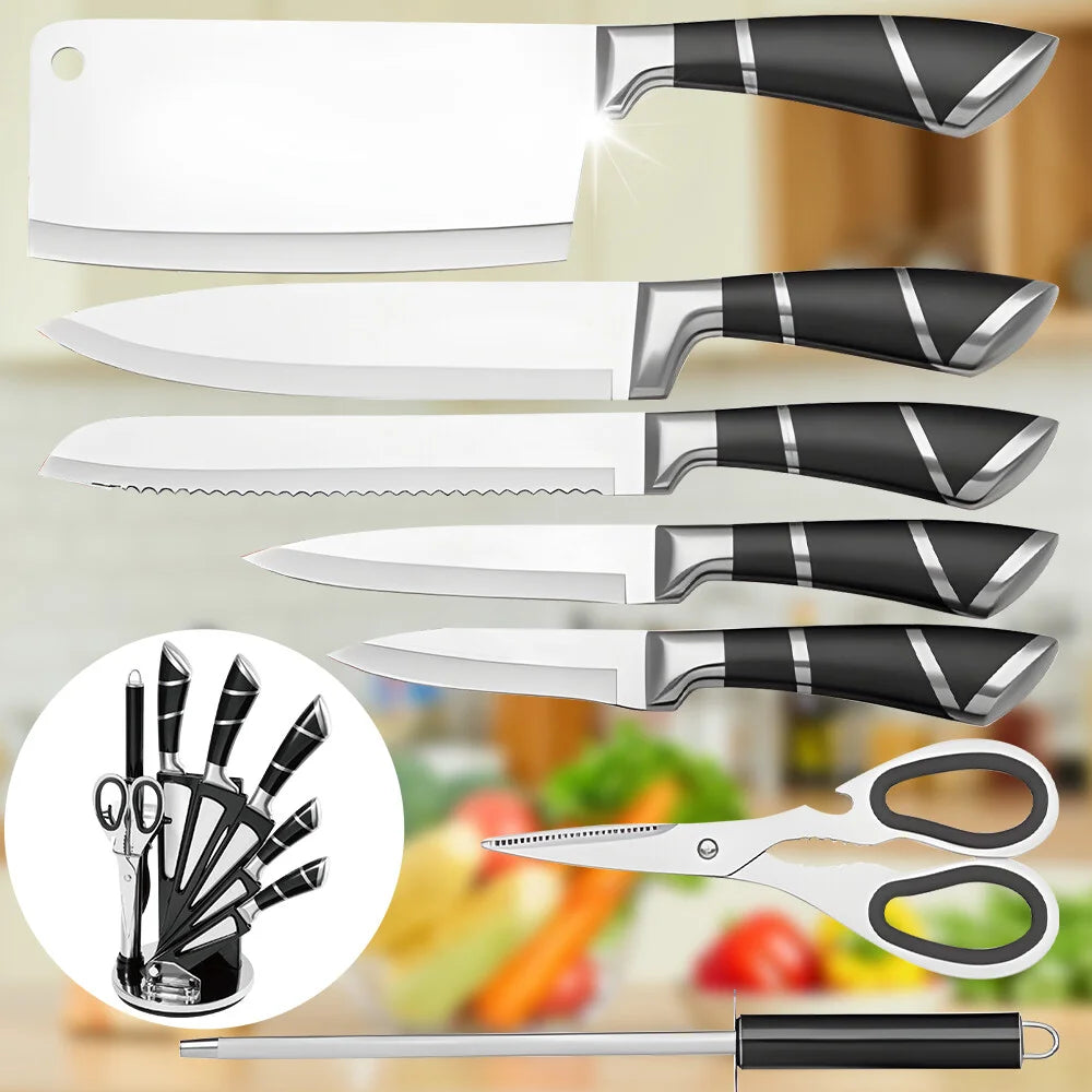 ZENG Stainless Steel Kitchen Knife Set Sharp Non-Stick Coated Chef Knives with Sharpener