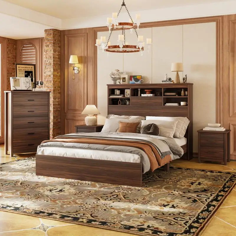 4-Piece Bedroom Set, Wooden Queen Size Bed Frame with Storage Headboard & Charging Station, 2 Nightstands with 2 Drawers,