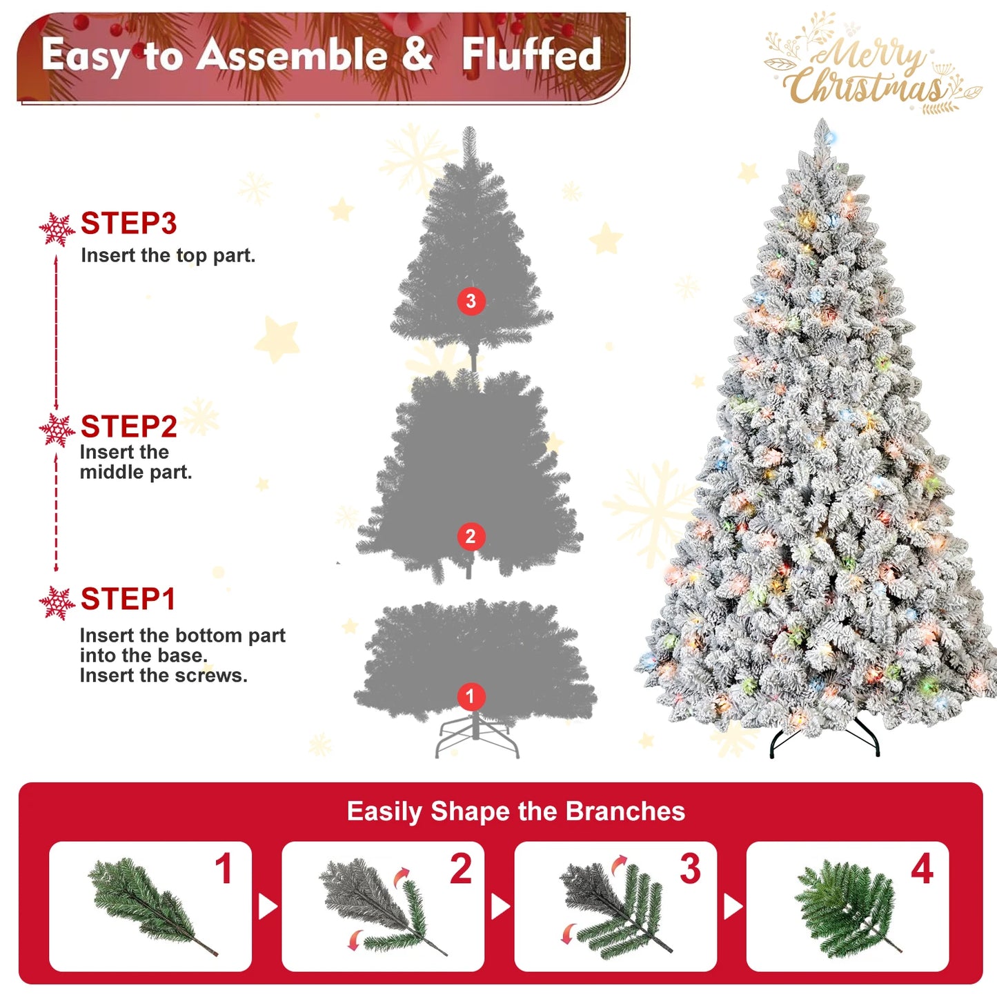 Makeatree 6/7ft Pre-Lit Snow Flocked PVC Mixed Artificial Christmas Tree with Multi-Colored Lights Bodied Xmas Tree for Holiday