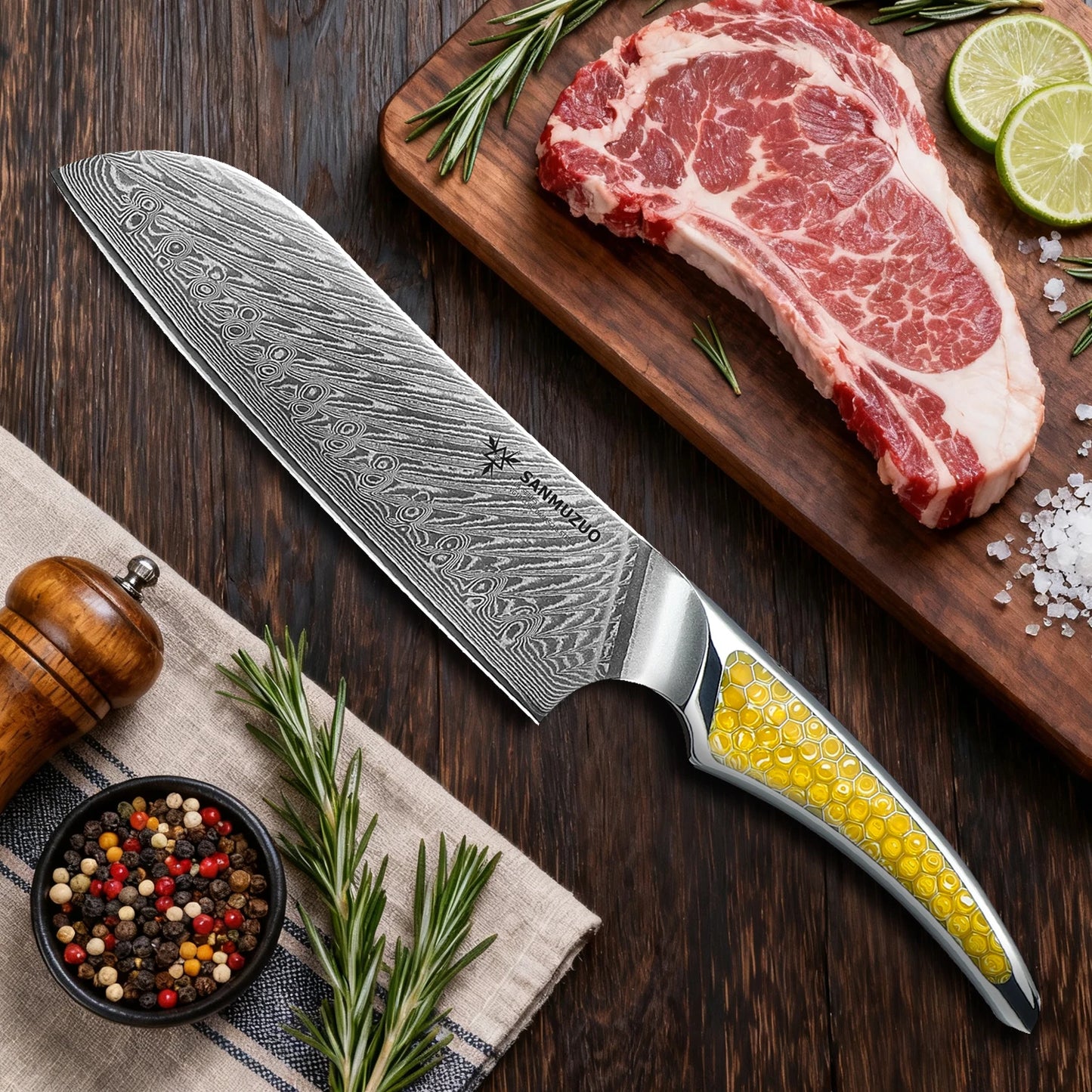 SANMUZUO 7 inch Santoku Knife -Damascus Steel Kitchen Knife,