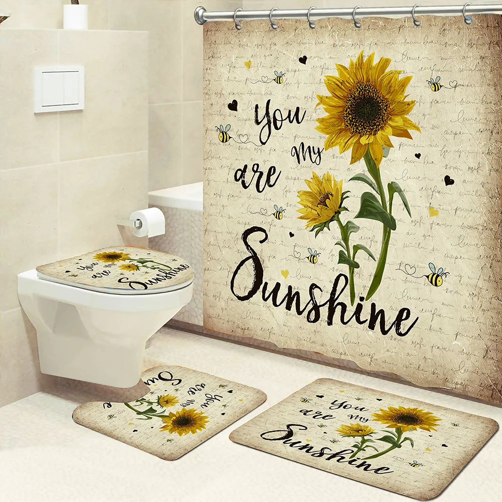 4pcs Set Doormat Shower Curtain with Non-Slip Rugs Toilet Seat Cover Bath Carpet Durable Waterproof Bathroom