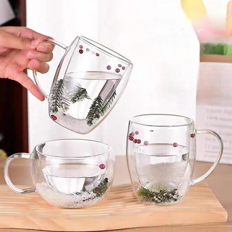 200/350ML Christmas Mug Double Wall Glass Cup Snow Scene Coffee Cup Heat Resistant