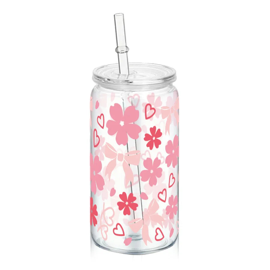 16oz Cute Bow Plastic Cup with Lid Bow Cherry Graffiti Pattern Water Bottle