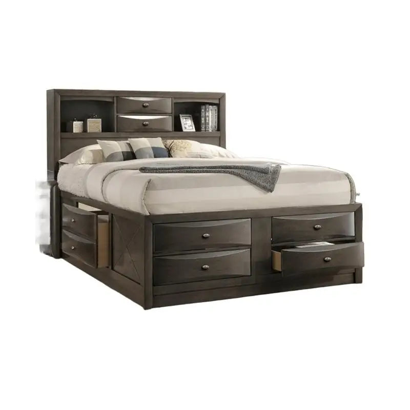 Contemporary Queen Bed with 2 Nightstands and Bookcase Headboard in Gray - 3 Piece Bedroom Furniture Set
