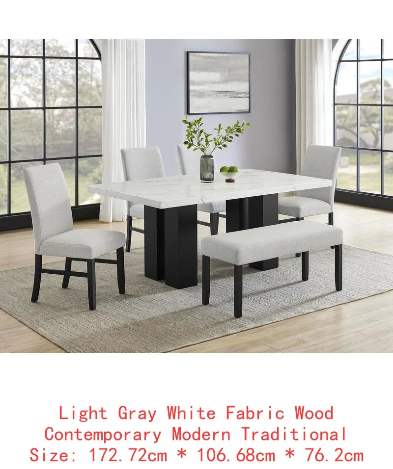 6-Pc Dining Set, White Rectangular Marble Tabletop, Dark Finish Base, Upholstered Chairs & Bench, Soft Wood Furniture for