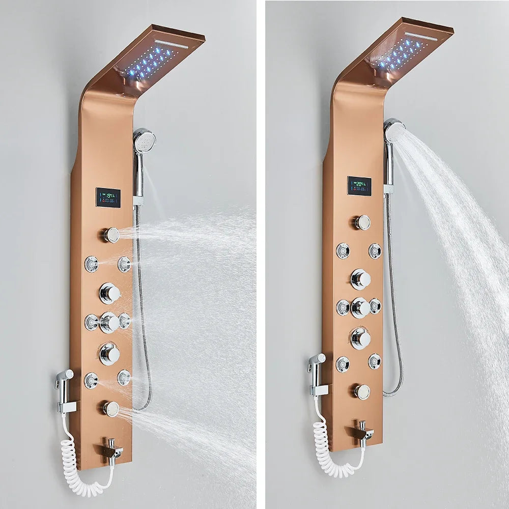 LED Light Bathroom Shower Panel Intelligent LCD Shower Column System with 6 Modes Rain Waterfall Massage Jet