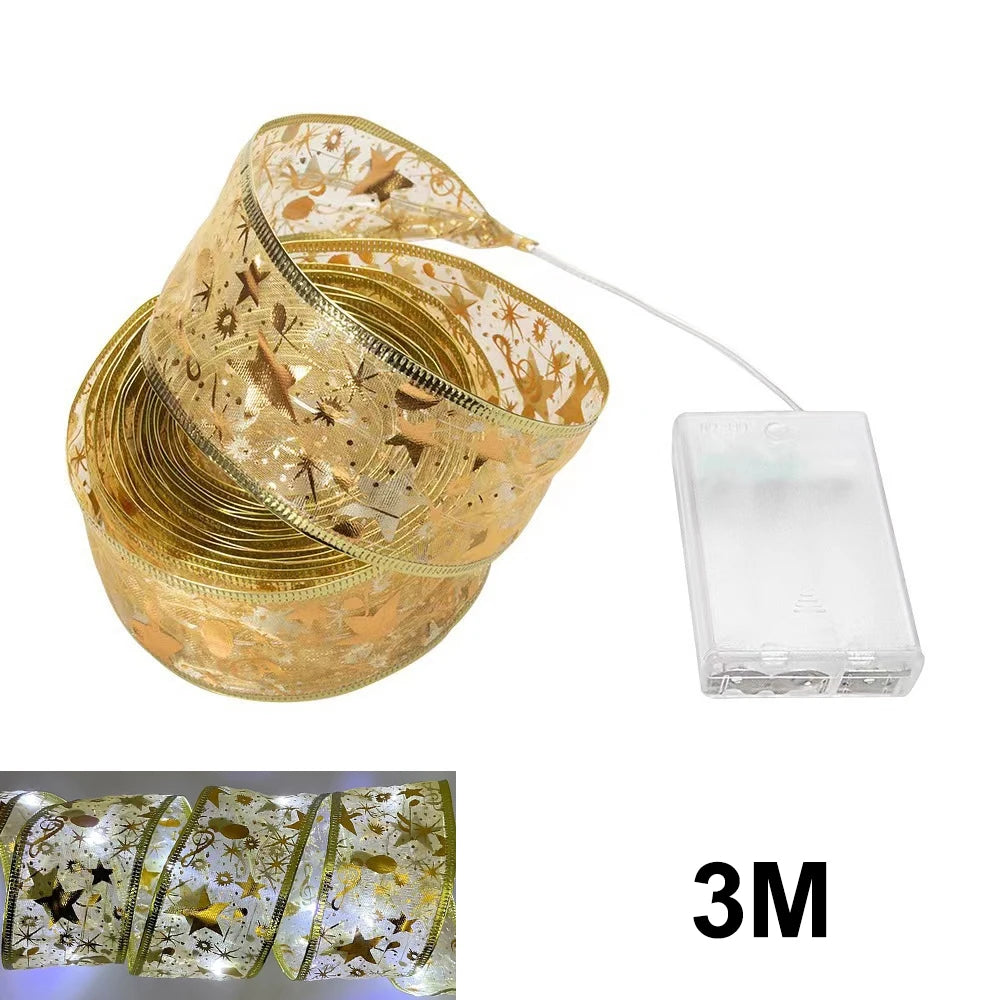 Christmas Ribbon Fairy Light Christmas Decoration DIY Bows String Light Tree Ornaments For Home 2023 Xmas Decor New Year Navidad