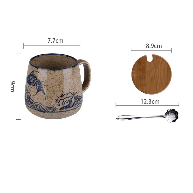 350ml Japanese Retro Ceramic Coffee Mug With Lid And Spoon Milk Breakfast Cups Home