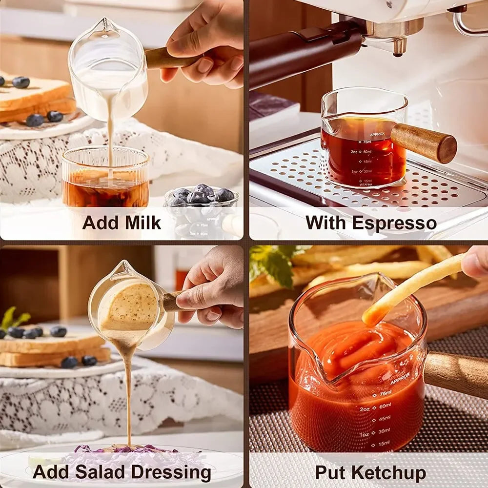1pc Glass Measuring Cup Wood Handle Glass Espresso Measuring Cup Double