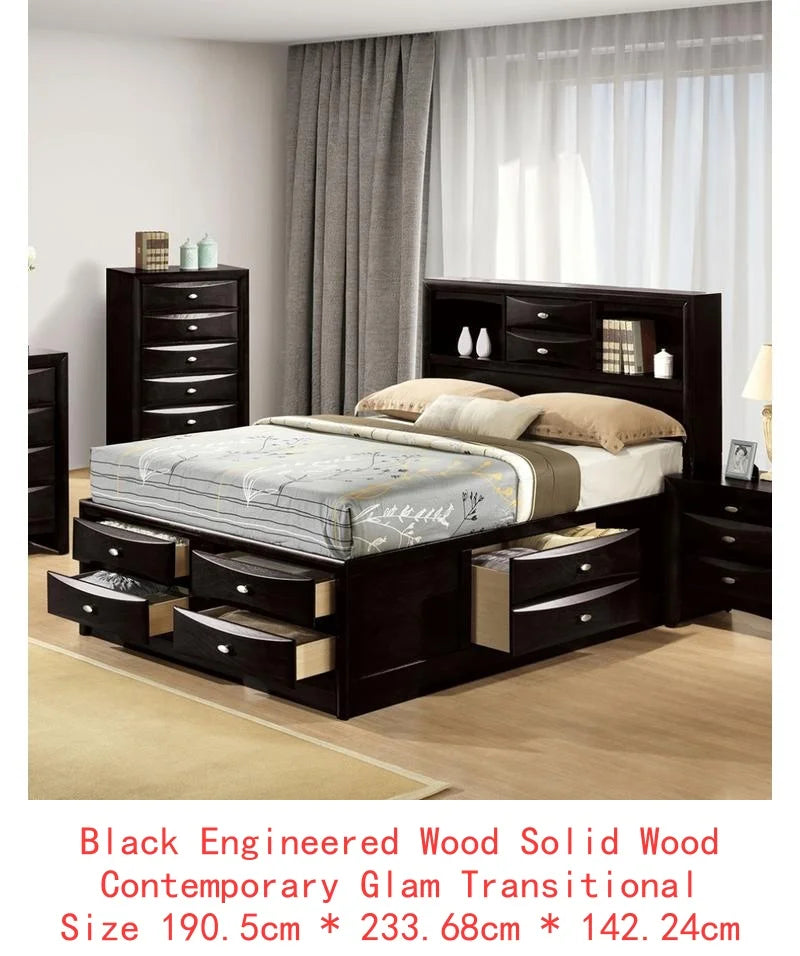 Contemporary Full Size Bed & 2 Nightstands with Headboard Bookcase in Black 3pc Bedroom Furniture Set