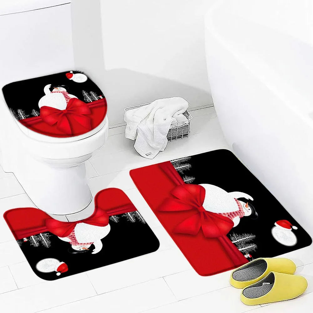 Christmas 3pcs Set Bath Mat Cute Snowman Red Bow Winter New Year Bathroom Decor Anti Slip Flannel Foot Mats Rug Carpets Washable