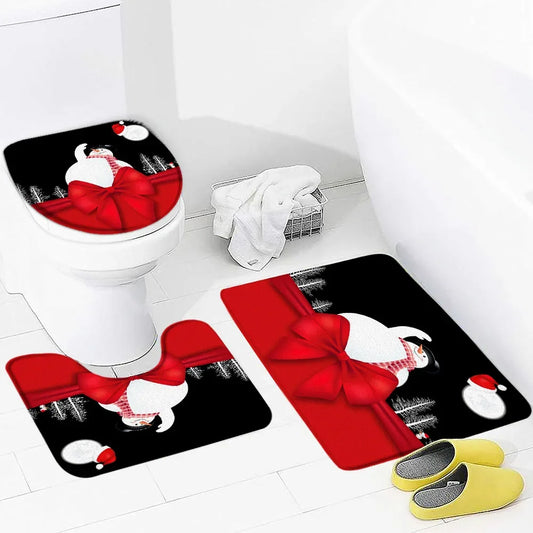 Christmas 3pcs Set Bath Mat Cute Snowman Red Bow Winter New Year Bathroom Decor Anti Slip Flannel Foot Mats Rug Carpets Washable