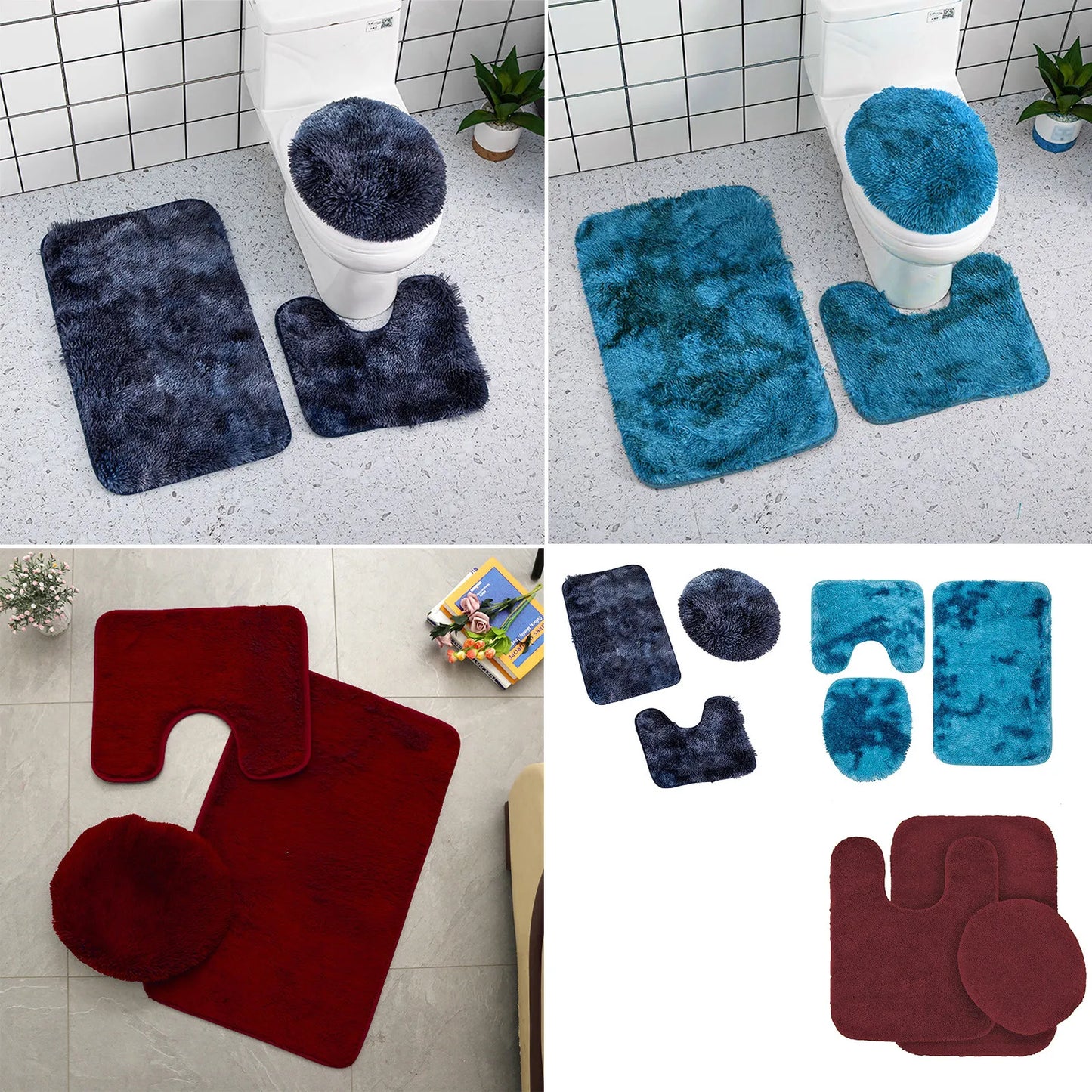 Solid Color 3 Piece Bathroom Rug Set Bath Rug, Contour Mat, & Lid Cover Non-Slip with Rubber Backing s
