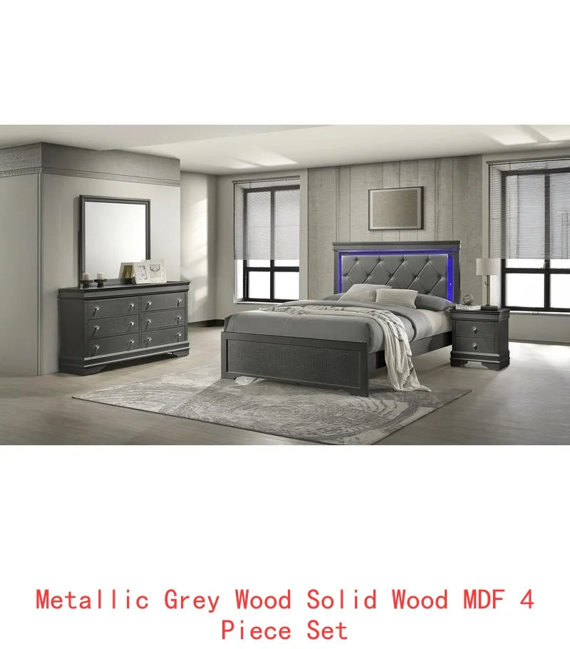 Modern 4-Piece Twin Bedroom Set with LED Headboard in Metallic Gray, Wood Construction, Stylish Design, Perfect for Any Room