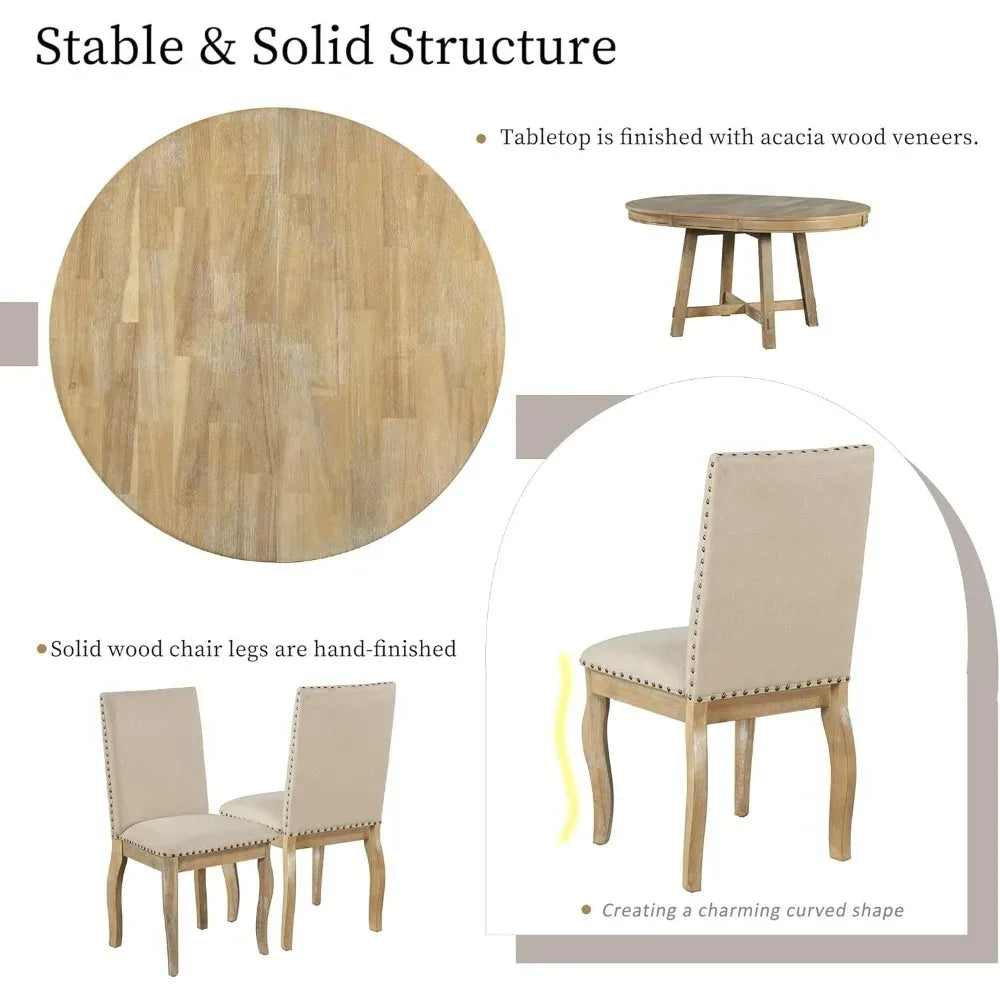 5-Piece Kitchen Table Set, Wood Round Extendable Dining Table and 4 Upholstered Dining Chairs, Farmhouse Dining Room