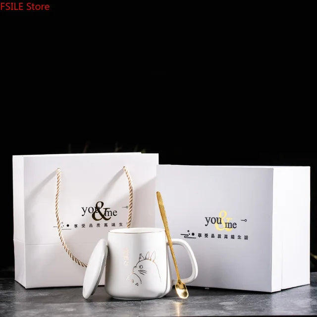 400ml New Product European Style Light Luxury Gold-painted Ceramic Coffee Mug with Lid Spoon