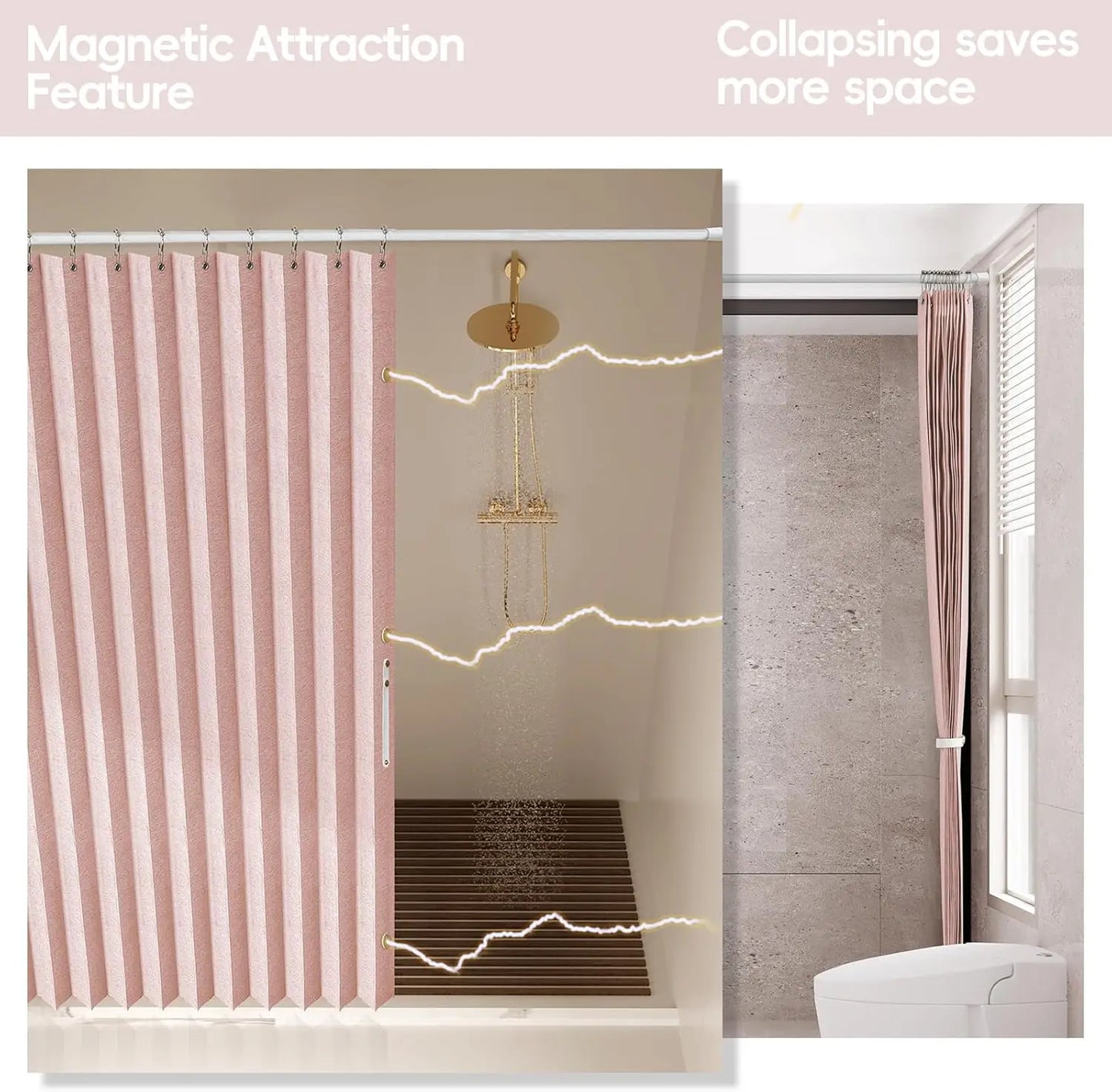 Magnetic Folding Shower Curtain，Waterproof & Space-Saving Design with Hooks, Thick Fabric in 6 Colors
