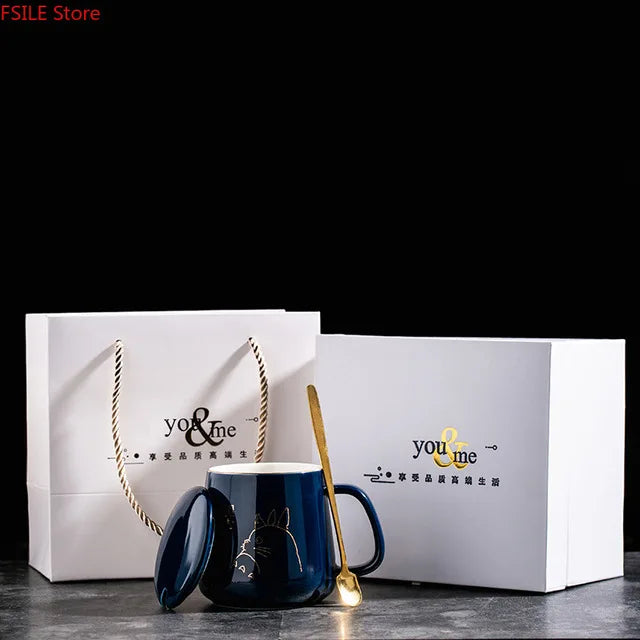 400ml New Product European Style Light Luxury Gold-painted Ceramic Coffee Mug with Lid Spoon