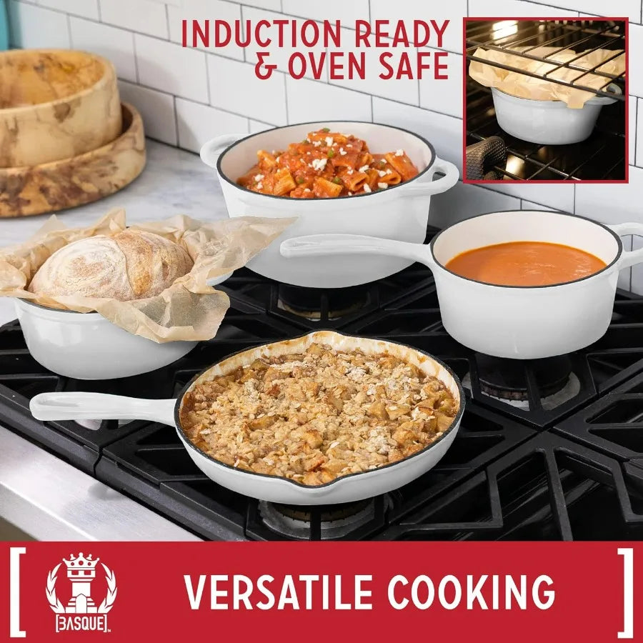 Enameled Cast Iron Cookware Set Blanc White 7Piece Set Nonstick Oversized Handles Oven Safe; 10.25 Skillet 2QT Saucepan 2.25QT