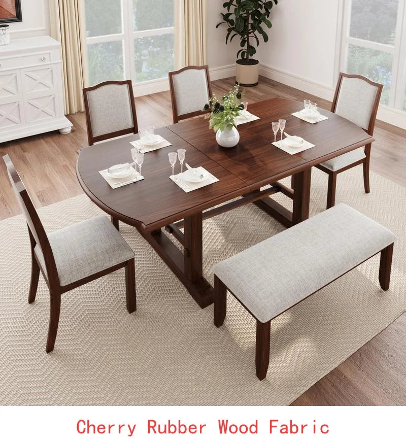 6-Piece Dining Set, Extendable 60-78 inch Wooden Table with Leaf, 4 Upholstered Chairs & Bench for 6, Kitchen Dining Table Set,