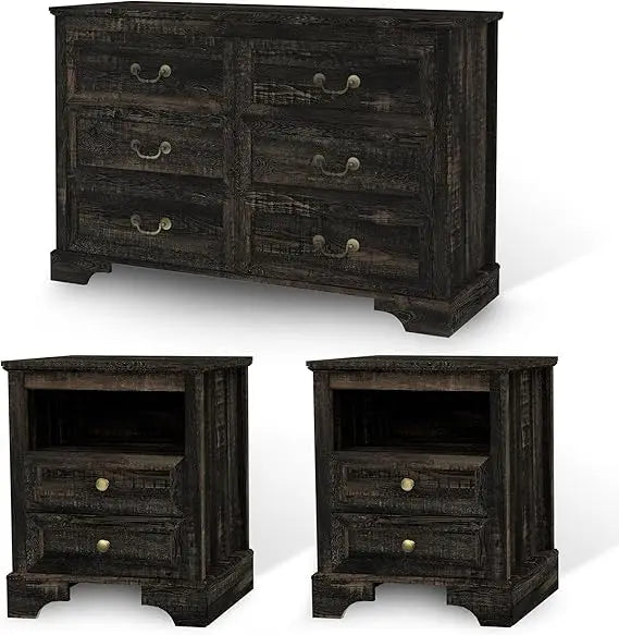 Farmhouse Bedroom Set, 3 Pieces Bedroom Furniture Set, Rustic Wood 6 Drawer Dresser and Nightstands